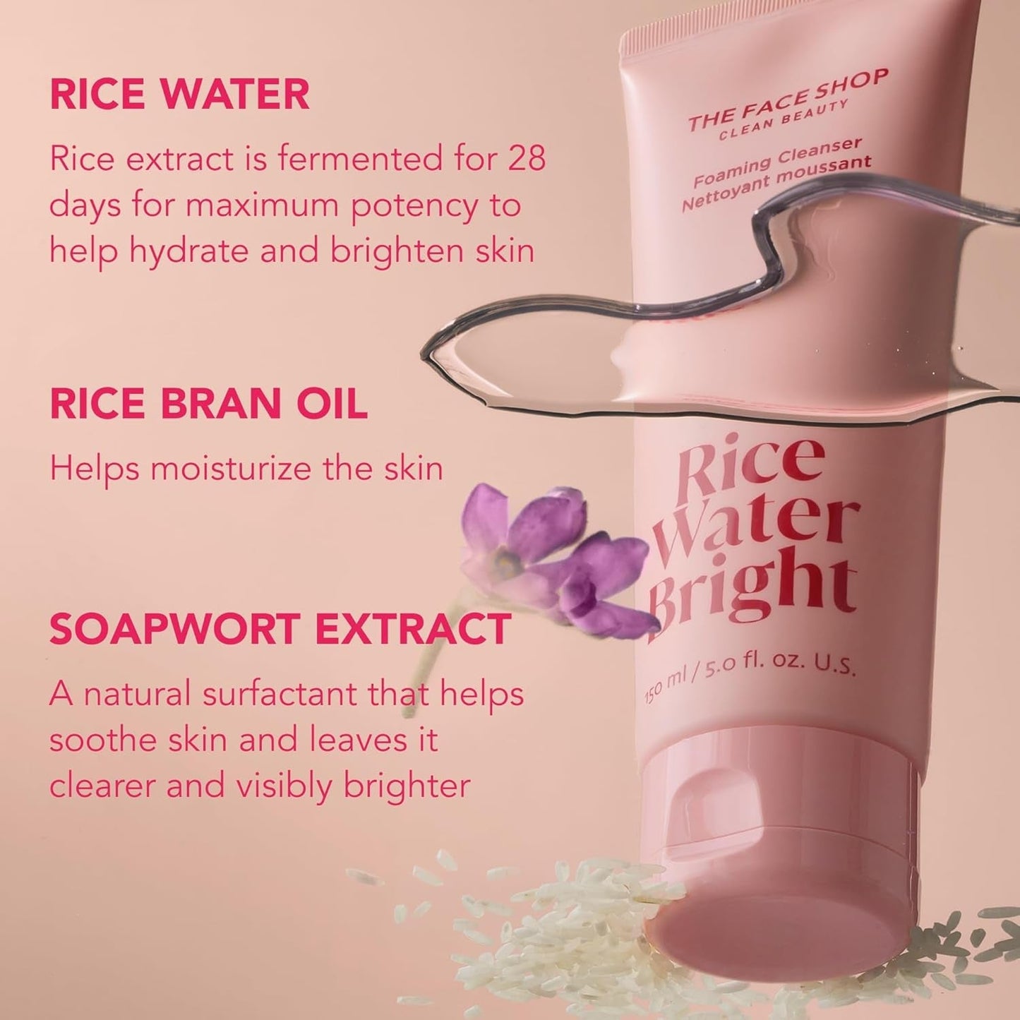 The Face Shop Rice Water Bright Foaming Facial Cleanser with Ceramide, Gentle Face Wash for Hydrating & Moisturizing, Vegan Face Cleanser, Makeup Remover