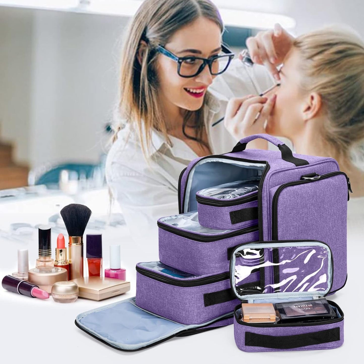 Makeup Bag Cosmetic Bag with 4 Inner Removable Pouches, Multifunctional Travel Makeup Case (Patent Pending), Purple