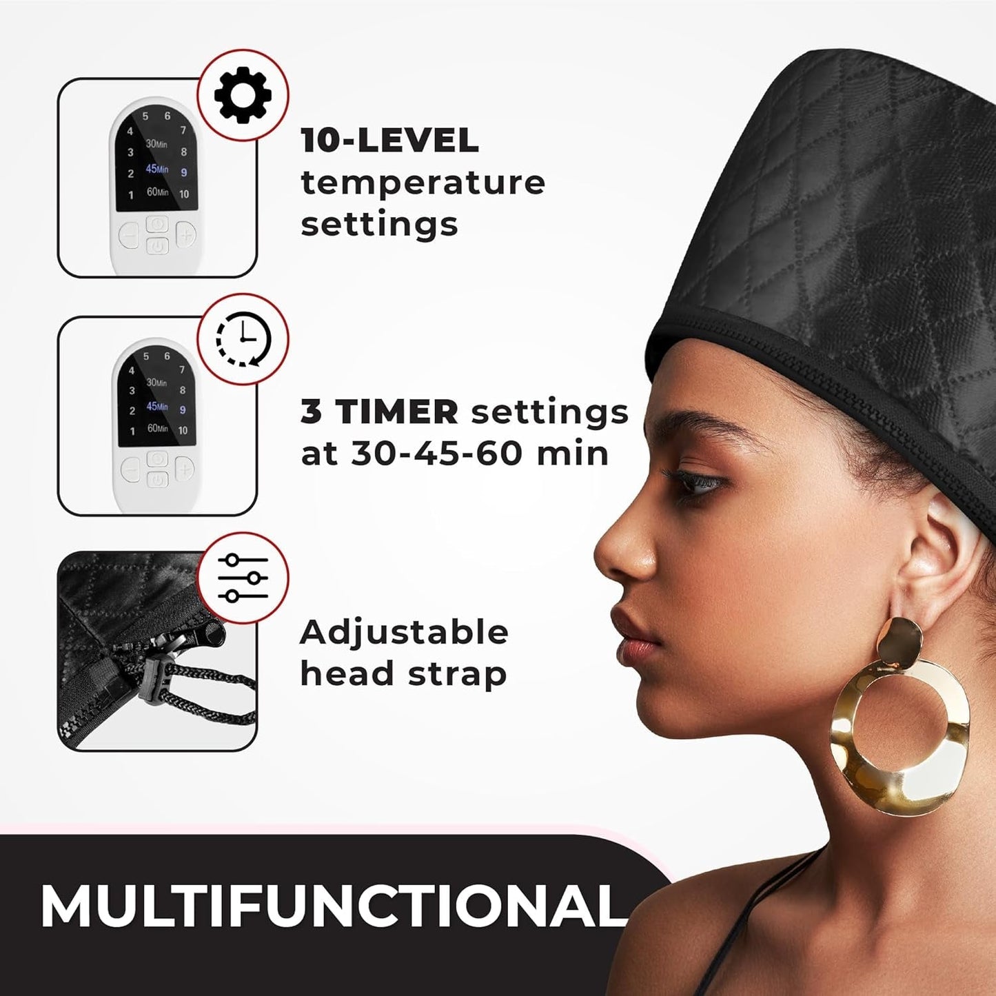 Professional Hair Steamer for Natural Hair with 10 Heat Settings - Quick Heating Thermal Cap for Deep Conditioning, Ideal for Black Hair (Black)