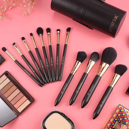 Makeup Brush Set Professional, 12 Pearlescent Wood Handle Makeup Brushes, Premium Cruelty-Free Synthetic Fiber Hair, Travel Make up Brushes Set with Case (Black).